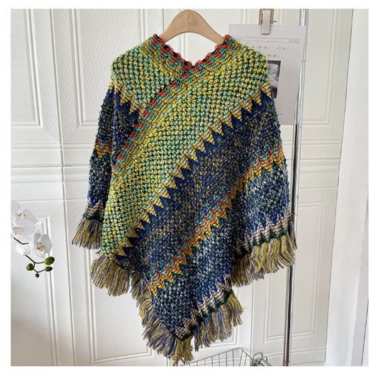 Poncho Tejido Étnico Mohair con Flecos - Capa Pullover para Mujer - Image 13