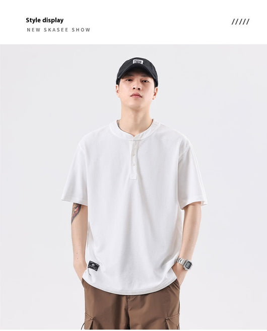 Playera Cuello Henley Básica de Color Sólido para Verano - Image 18