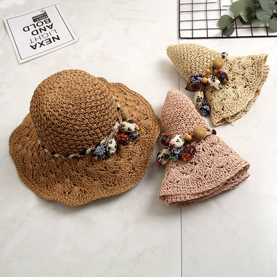 Sombrero de Paja Tejido Calado con Ala Ondulada para el Sol