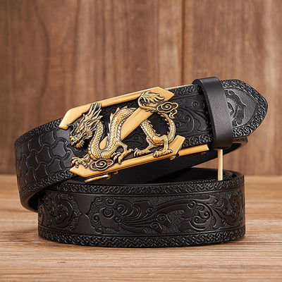 Cinturón de Cuero Grabado para Hombre con Hebilla Dragón Automática