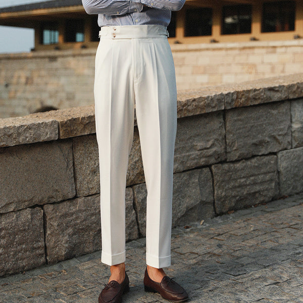Pantalón Recto Talle Alto Blanco Estilo Italiano Clásico con Botones