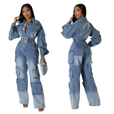 Jumpsuit Denim Overol Lavado Vintage con Múltiples Bolsillos - Image 5
