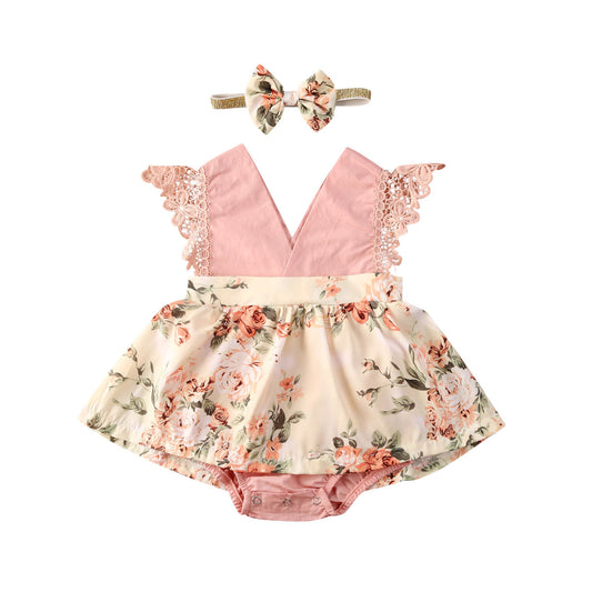 Enterizo Floral Princesa para Bebé Niña con Encaje y Diadema