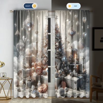 Christmas curtain with a snowy village scene, Santa Claus, flying reindeer, and piles of wrapped gifts. - Image 36