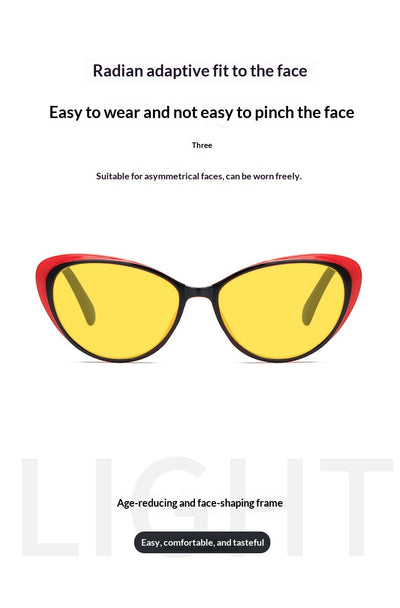 Retro cat-eye sunglasses with bright black frames and yellow night vision lenses on a white background. - Image 14