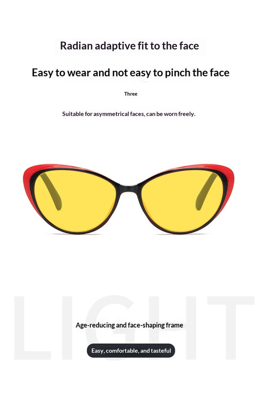 Retro cat-eye sunglasses with bright black frames and yellow night vision lenses on a white background. - Image 14
