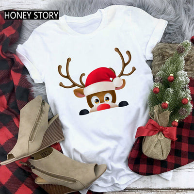 Playera Navideña Roja para Parejas - Diseño Reno y Santa - Image 36
