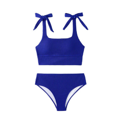 Green textured knit two-piece swimsuit with a square-neck crop top and high-waisted bottoms, featuring tie-shoulder straps. - Image 5
