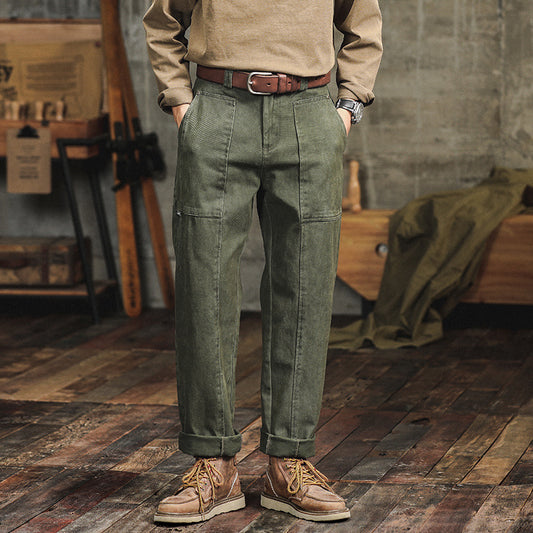 Pantalones Cargo Holgados Verde Militar Estilo Retro para Hombre