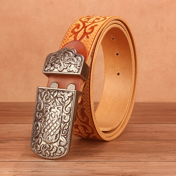 Cinturón Étnico Mongol de Cuero Genuino con Patrón de Buena Fortuna
