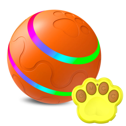 Orange pet wicked ball toy with colorful LED lights and a yellow paw-shaped remote control. - Image 14
