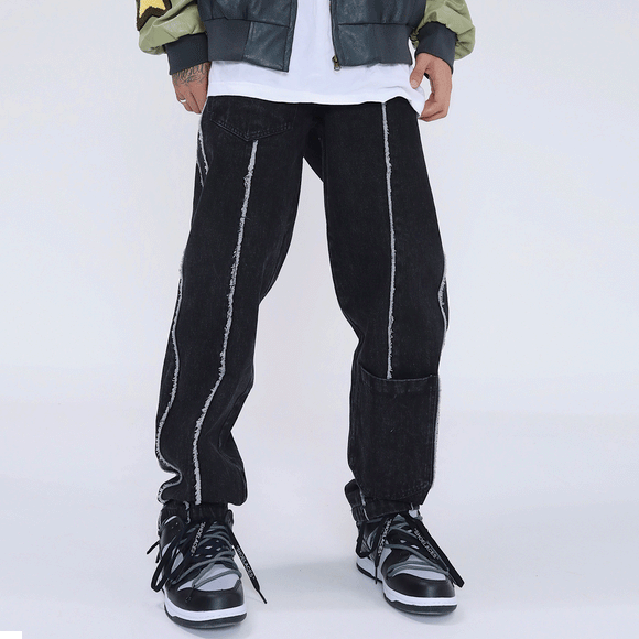 Men's Jeans with Decorated Pockets and Frayed Hem