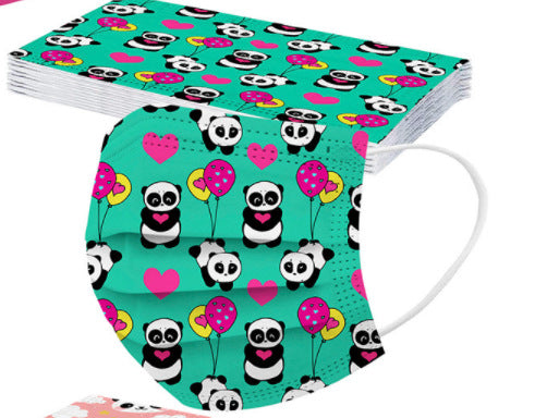 Pink children's protective mask with a cute panda and colorful balloon pattern, featuring white ear loops. - Image 6