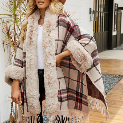 Cardigan Poncho a Cuadros con Flecos para Mujer - Image 8
