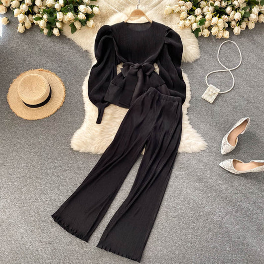 Conjunto Elegante: Blusa de Gasa con Mangas Abullonadas y Pantalón Ancho - Image 4
