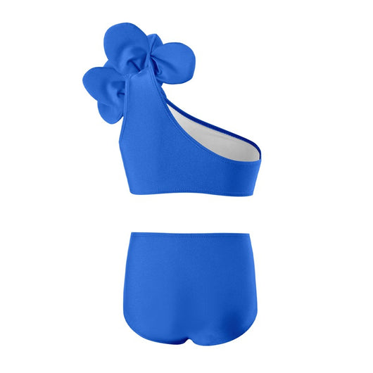 Red children's split swimsuit with a one-shoulder top featuring a large decorative flower and high-waisted bottoms. - Image 14