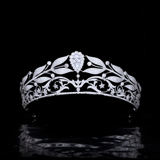 Corona Nupcial Vintage con Hojas de Laurel y Circonitas de Cobre
