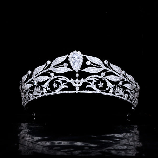 Corona Nupcial Vintage con Hojas de Laurel y Circonitas de Cobre