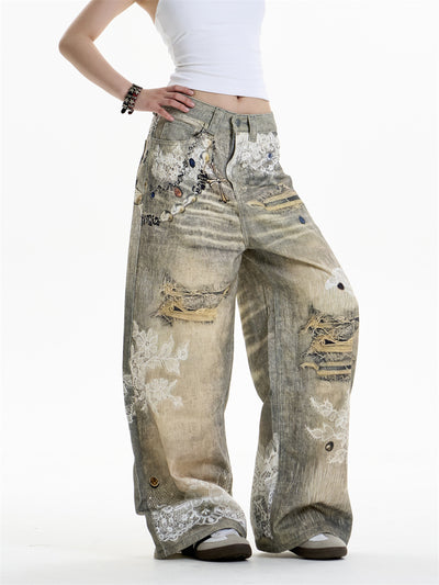 Pantalones Vaqueros Estampado Cruzado Mujer Pierna Ancha - Image 19