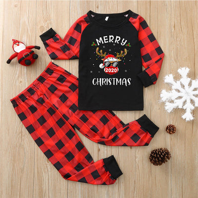 Children's red and black plaid Christmas pajama set with a long-sleeve top featuring a reindeer graphic. - Image 6