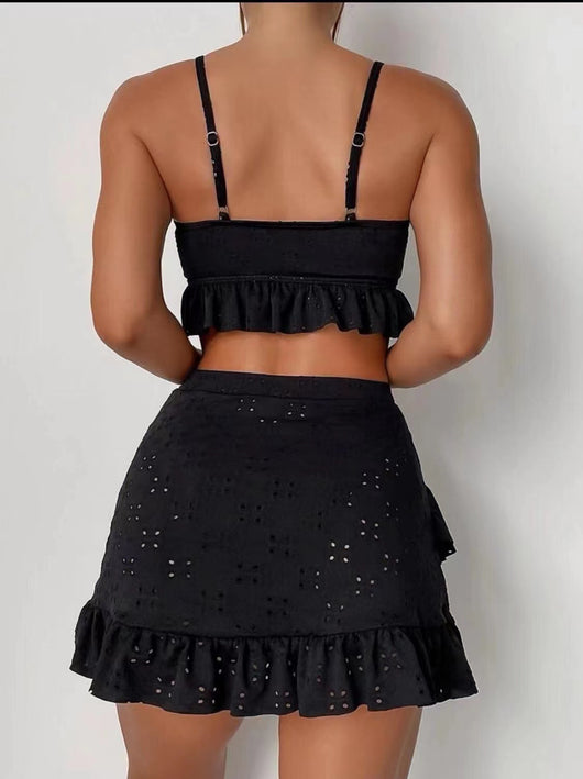 Light blue eyelet two-piece swimsuit set with a tie-front crop top and a matching ruffle-trim hip-hugging skirt. - Image 29
