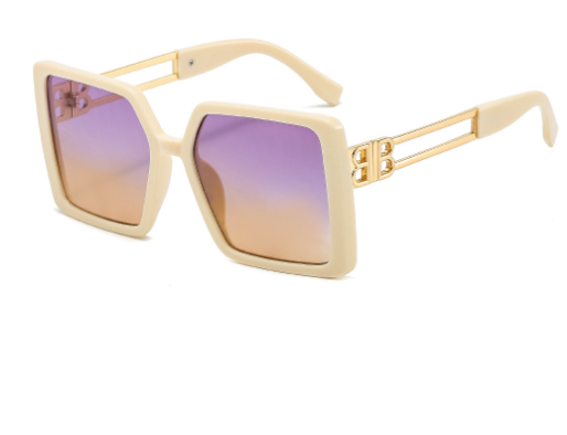 Women's large frame square sunglasses with black plastic frames, purple gradient lenses, and gold-tone metal temples. - Image 18