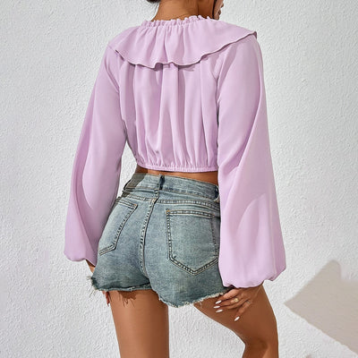 Blusa Elegante de Manga Larga con Cuello Fruncido y Volantes - Image 2