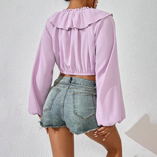 Blusa Elegante de Manga Larga con Cuello Fruncido y Volantes - Image 2