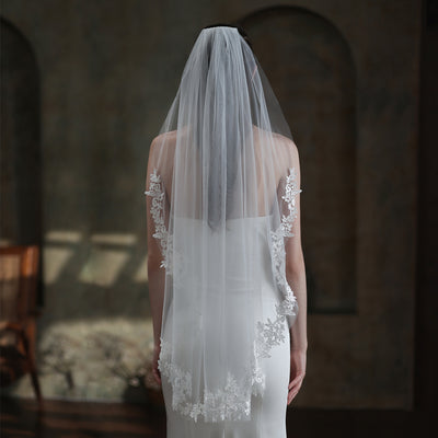 Velo de Novia Elegante Encaje Blanco Monocapa Europeo - Image 4