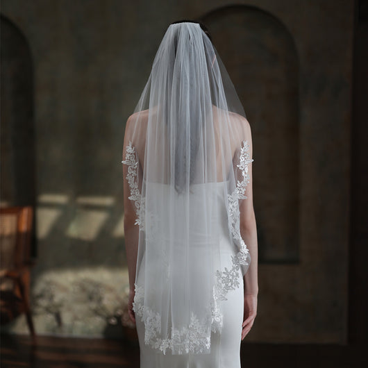 Velo de Novia Elegante Encaje Blanco Monocapa Europeo - Image 4