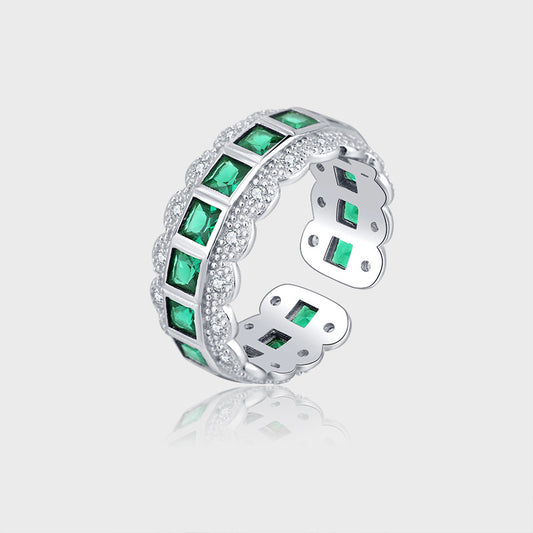 Anillo de Plata 925 con Borde de Encaje y Circón Verde para Mujer