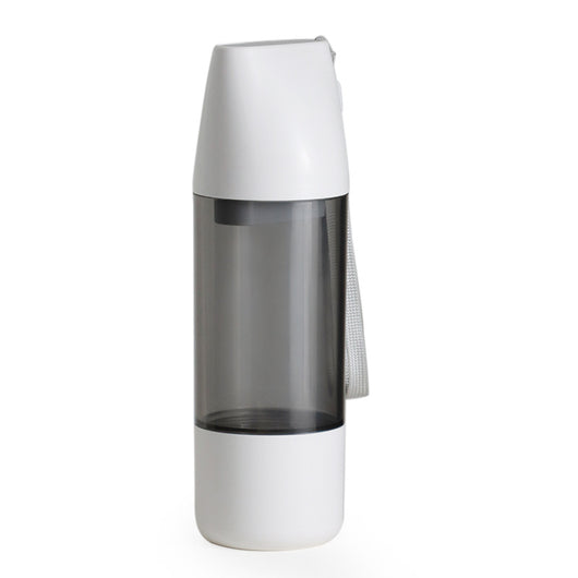 White and translucent gray portable pet water bottle with integrated food container and carrying strap. - Image 12