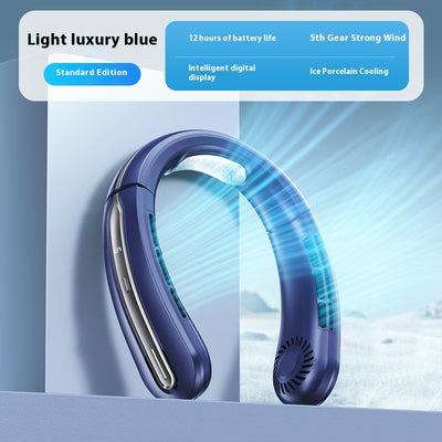 Ocean blue portable neck fan with digital display, showing 100 fan speed, designed for outdoor sports and personal cooling. - Image 7