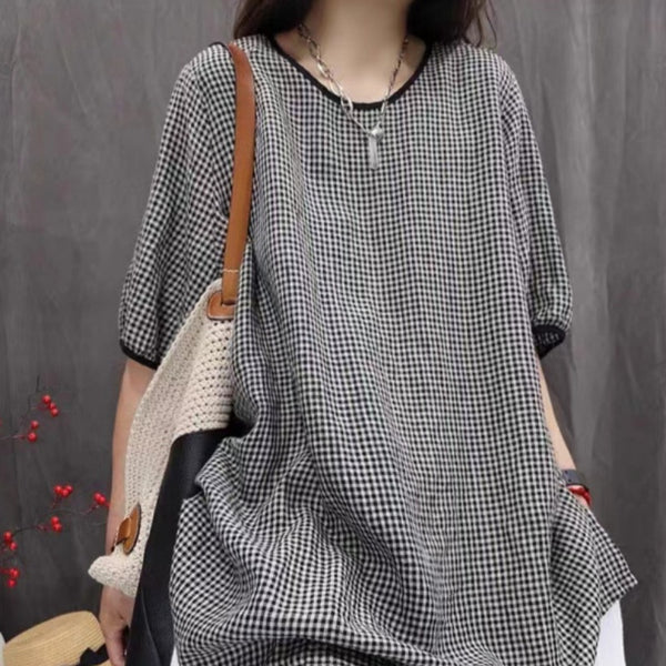 Camisa Cuadros Oversize Artística de Manga Tres Cuartos Estilo Vintage