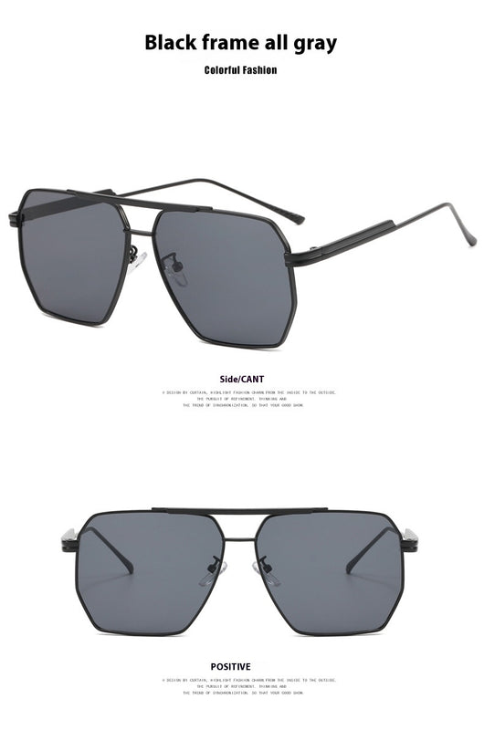 Gold frame double gray polygonal sunglasses with a double beam design and gradient lenses. - Image 15