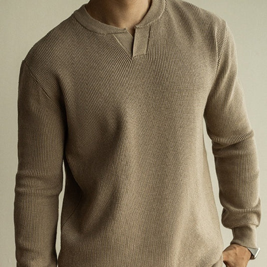 Suéter Henley Casual de Cuello V y Manga Larga para Hombre