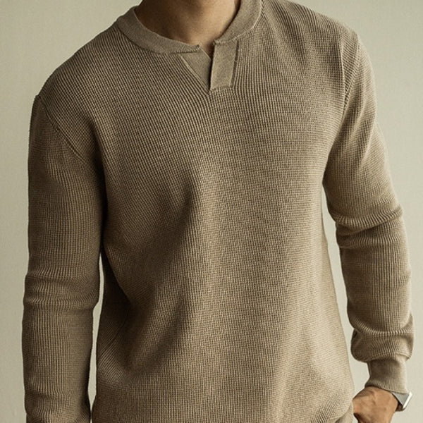 Suéter Henley Casual de Cuello V y Manga Larga para Hombre