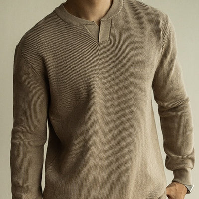 Suéter Henley Casual de Cuello V y Manga Larga para Hombre