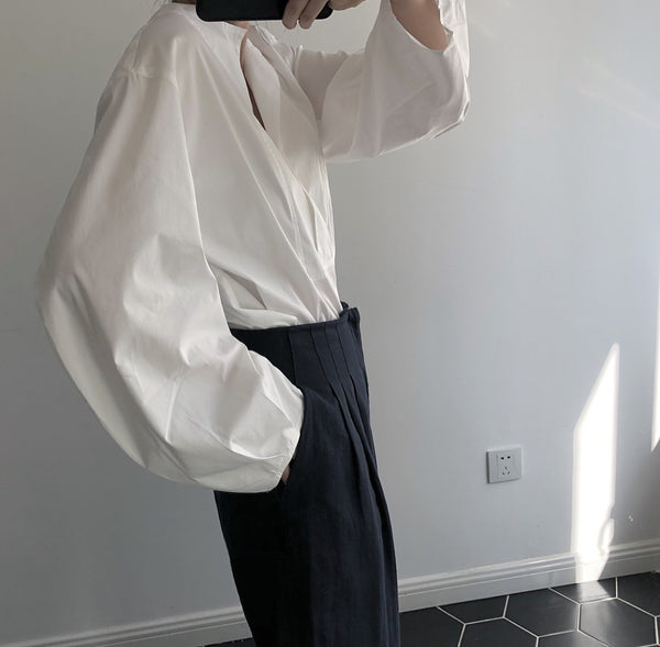 Blusa Suelta de Cuello Redondo con Mangas Linterna - Blanco para Mujer