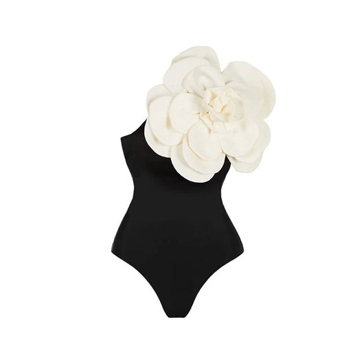 Black one-piece swimsuit with a large 3D flower on one shoulder and a geometric pattern on the bodice. - Image 21