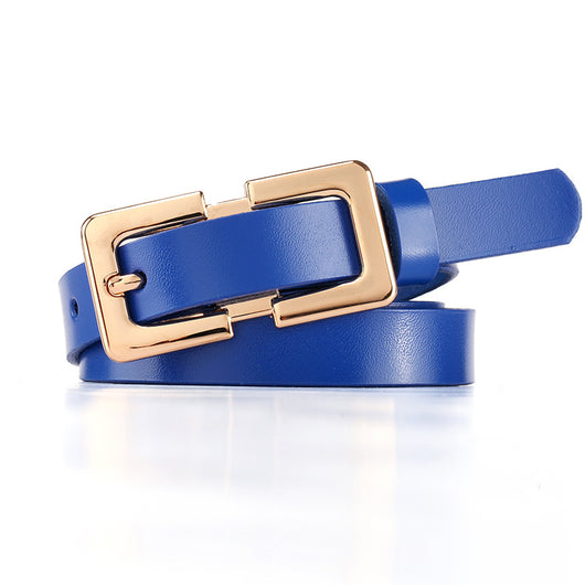Thin dark brown cowhide leather belt with a gold-colored rectangular pin buckle on a white background. - Image 13