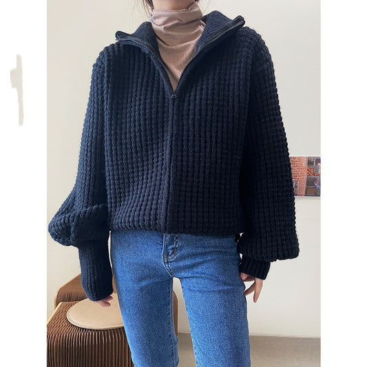 Cardigan de Punto Holgado con Cierre - Suéter Tejido Cómodo para Mujer