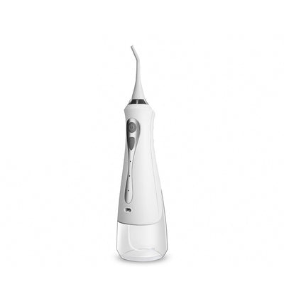 White portable electric water flosser with a clear water tank and silver control panel, standing upright. - Image 5