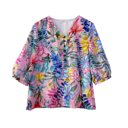 Blusa Literaria de Algodón y Lino con Cuello en V para Viajeras - Image 5