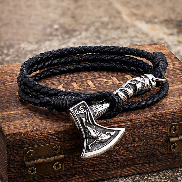 Pulsera de Cuero Trenzado Doble con Acero Inoxidable - Estilo Vintage para Hombre