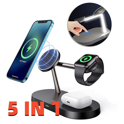 Estación de Carga Magnética 5 en 1: Cargador Inalámbrico 15W para Reloj, Auriculares y Celular