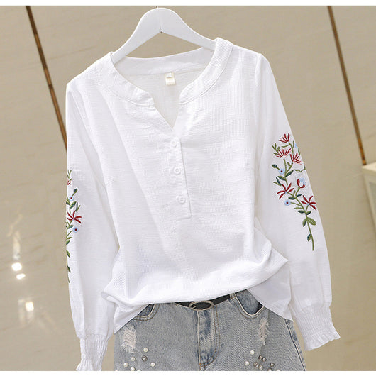 Blusa de Algodón con Escote V y Bordado Plisado Manga Larga - Image 20