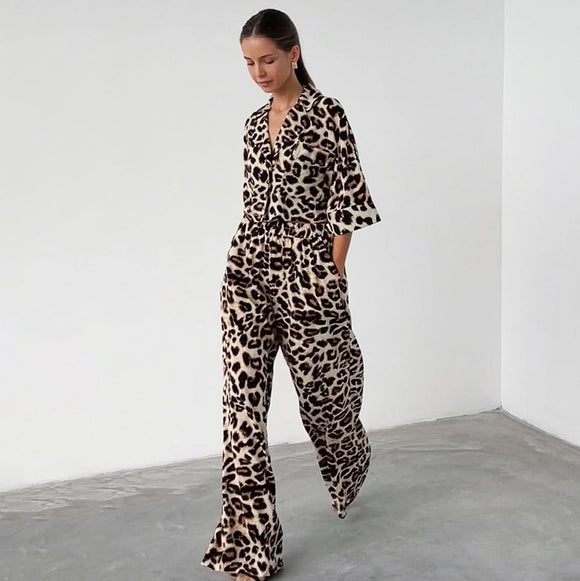 Conjunto Dos Piezas: Blusa Suelta Estampado Leopardo + Pantalón Ancho