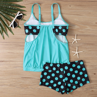 Women's two-piece swimsuit with a turquoise tankini top and black boxer bottoms with turquoise polka dots. - Image 19