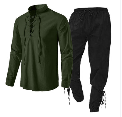 Conjunto de Dos Piezas: Camisa Casual de Lino y Algodón Manga Larga Color Sólido - Image 11